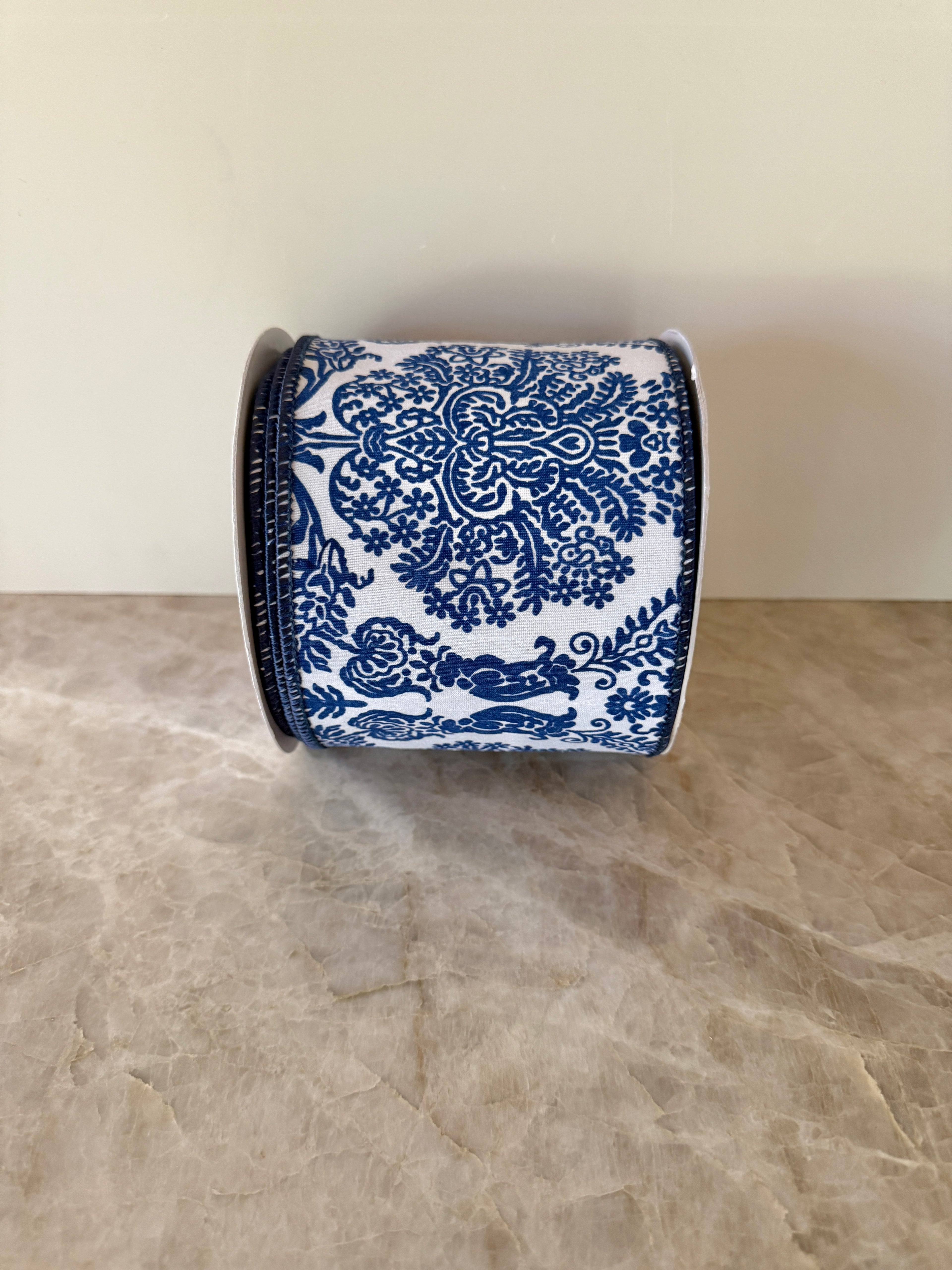 Dark blue and white chinoiserie floral print ribbon by the roll 4” x 10 yards