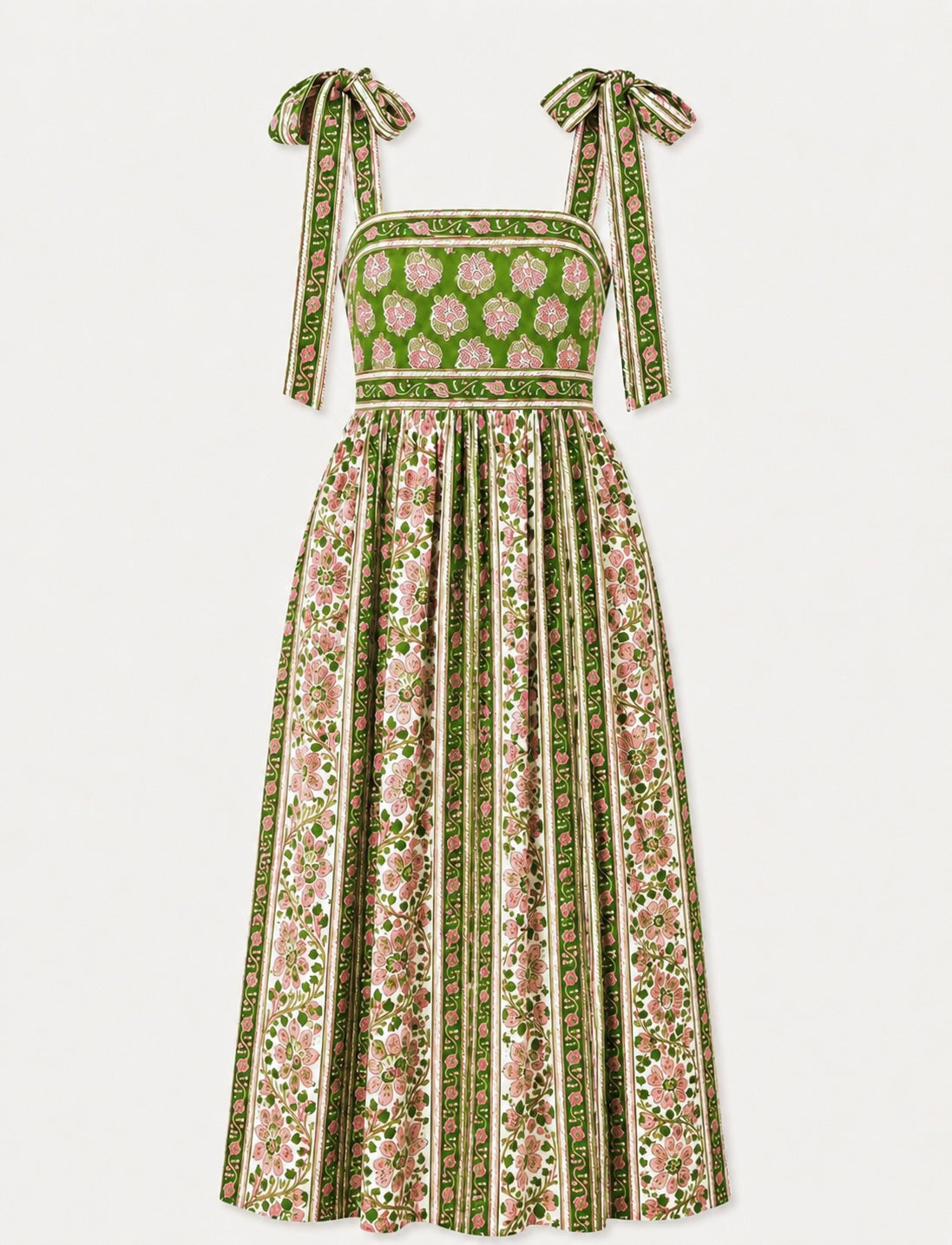 Lottie dress with tie shoulders in pink and green