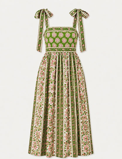 Lottie dress with tie shoulders in pink and green
