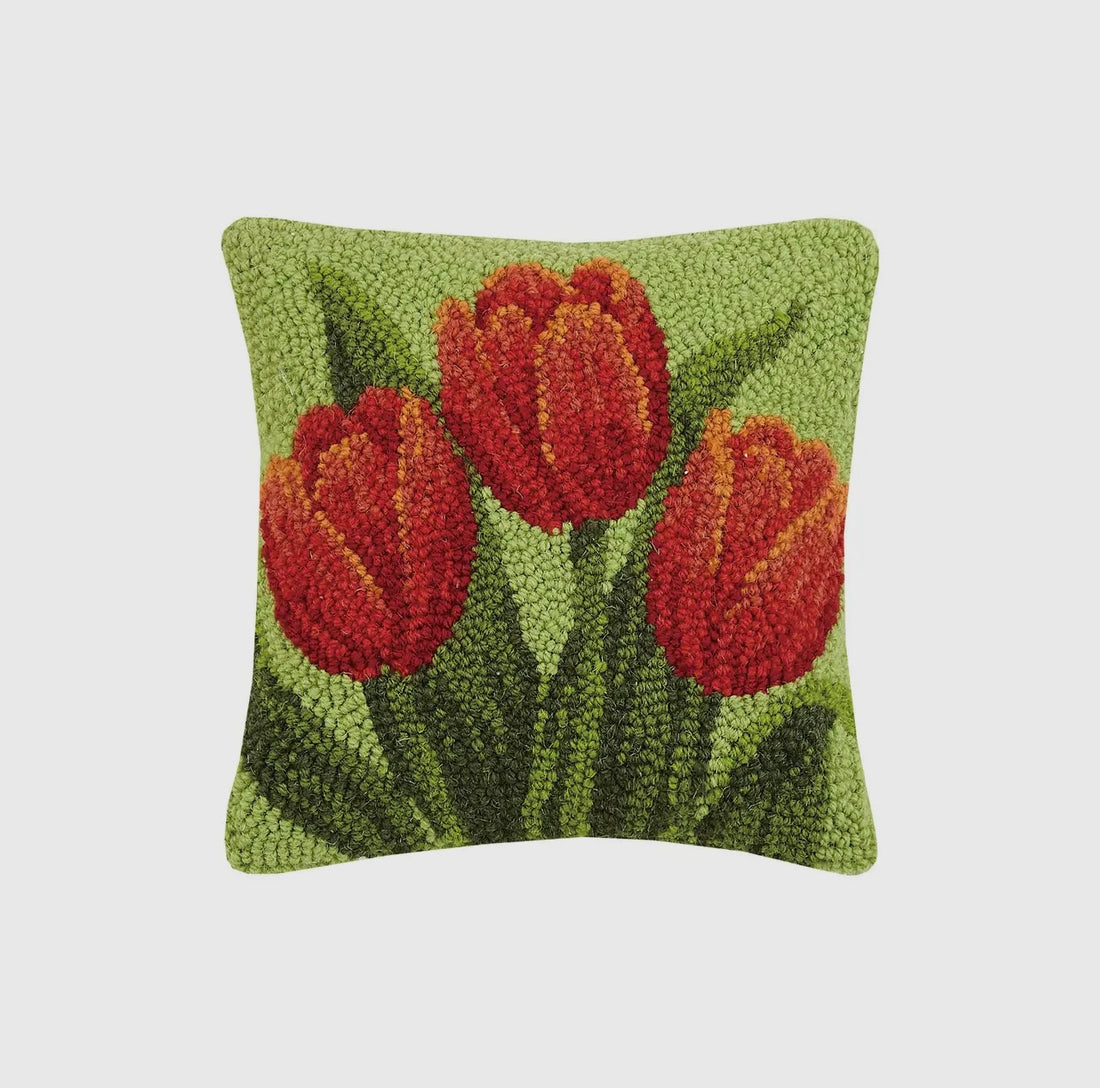 Petite red and orange orange tulip hand hooked pillow