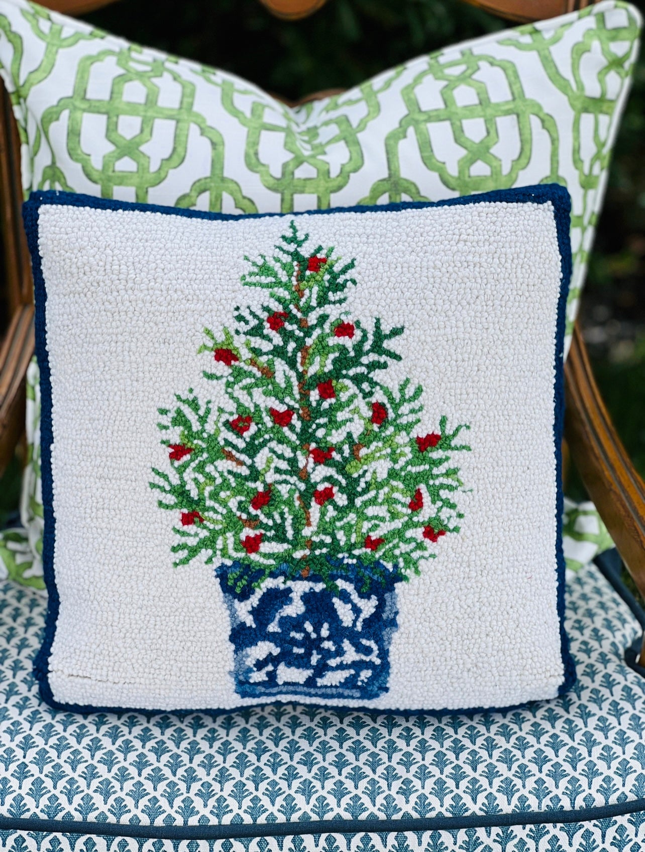 Holiday chinoiserie tree hooked wool pillow