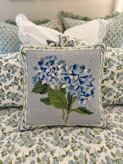 Blue hydrangea hooked wool pillow