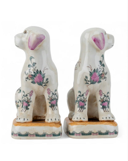 Pink floral Rose Medallion porcelain Staffordshire dog pair 7.5”