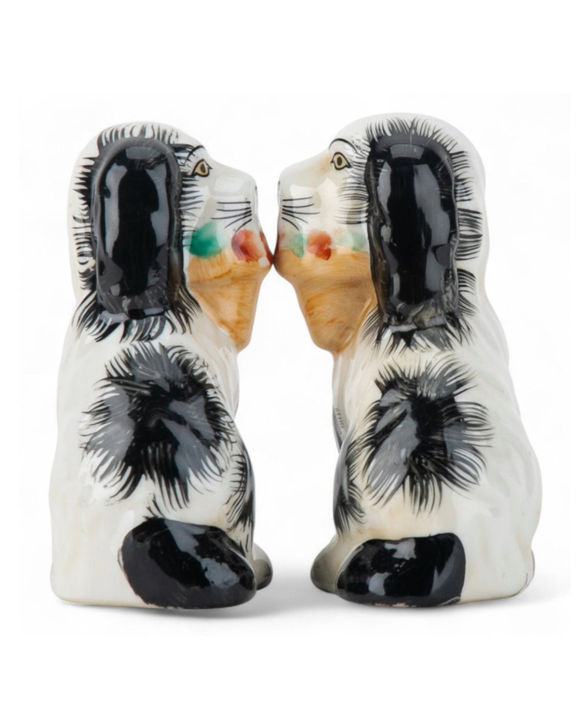 Mini black porcelain Staffordshire dogs with flower baskets figurine pair