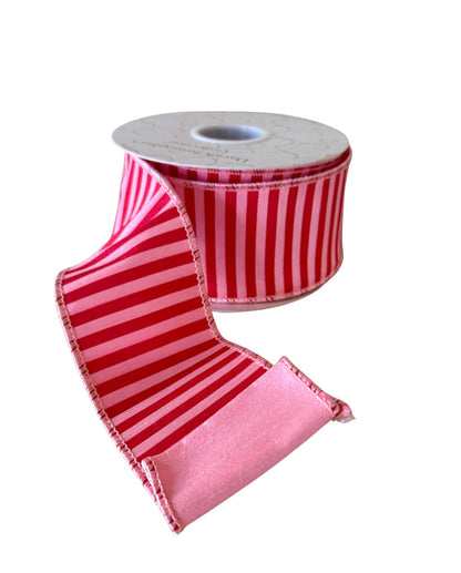 Pink and red striped ribbon by the roll, 2.5” x 10 yards