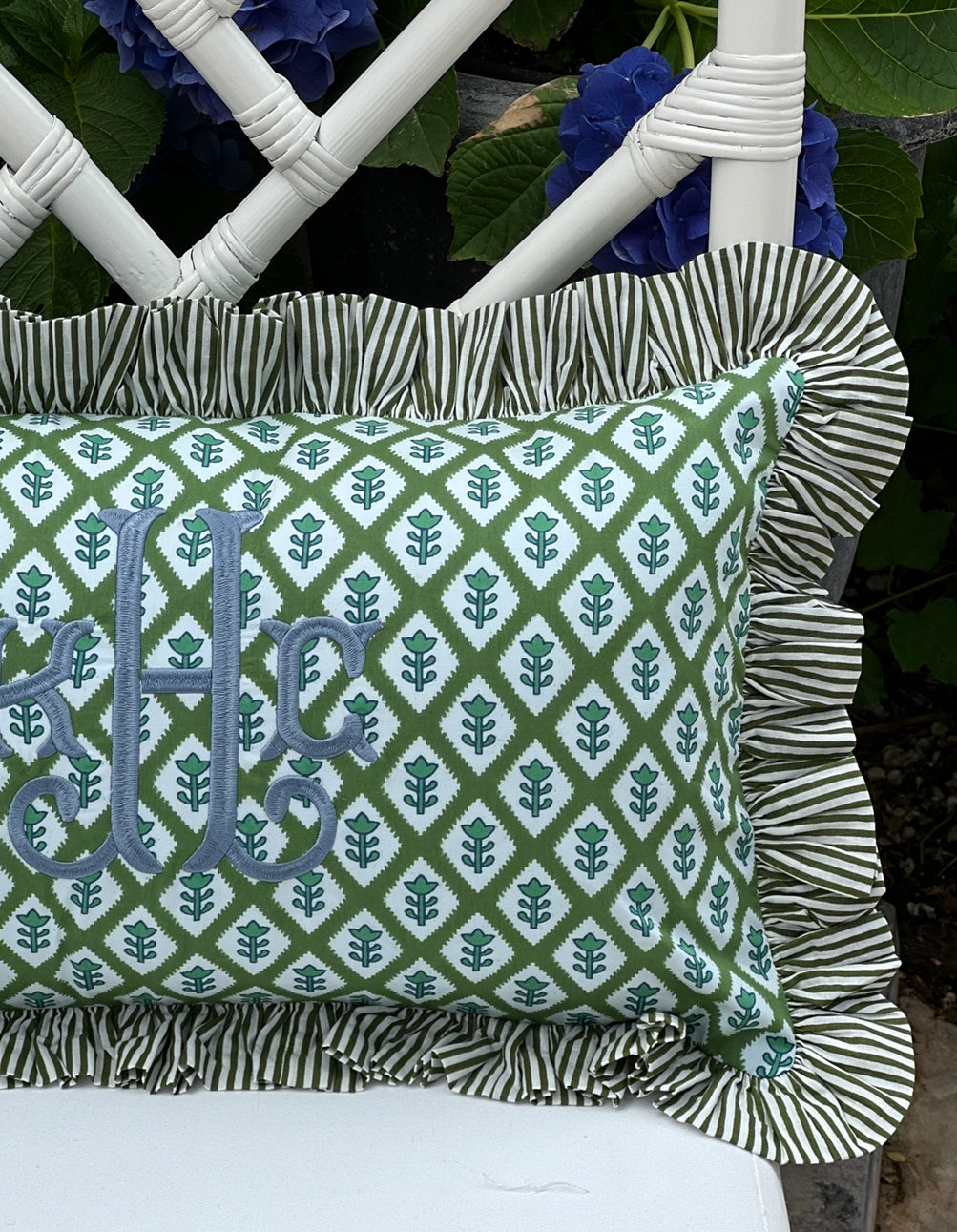 Green block print pillow cover with ruffle flange