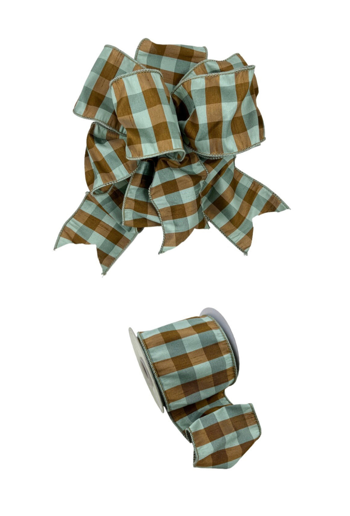 Spa blue and bronze gingham check luxury wired ribbon by the roll