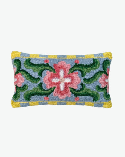 Spring floral tile lumbar pillow, hand hooked