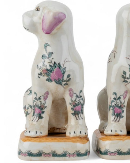 Pink floral Rose Medallion porcelain Staffordshire dog pair 7.5”