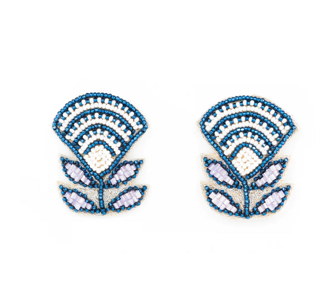 Block print flower earrings in navy blue