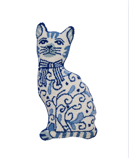 Blue and white chinoiserie cat pillow