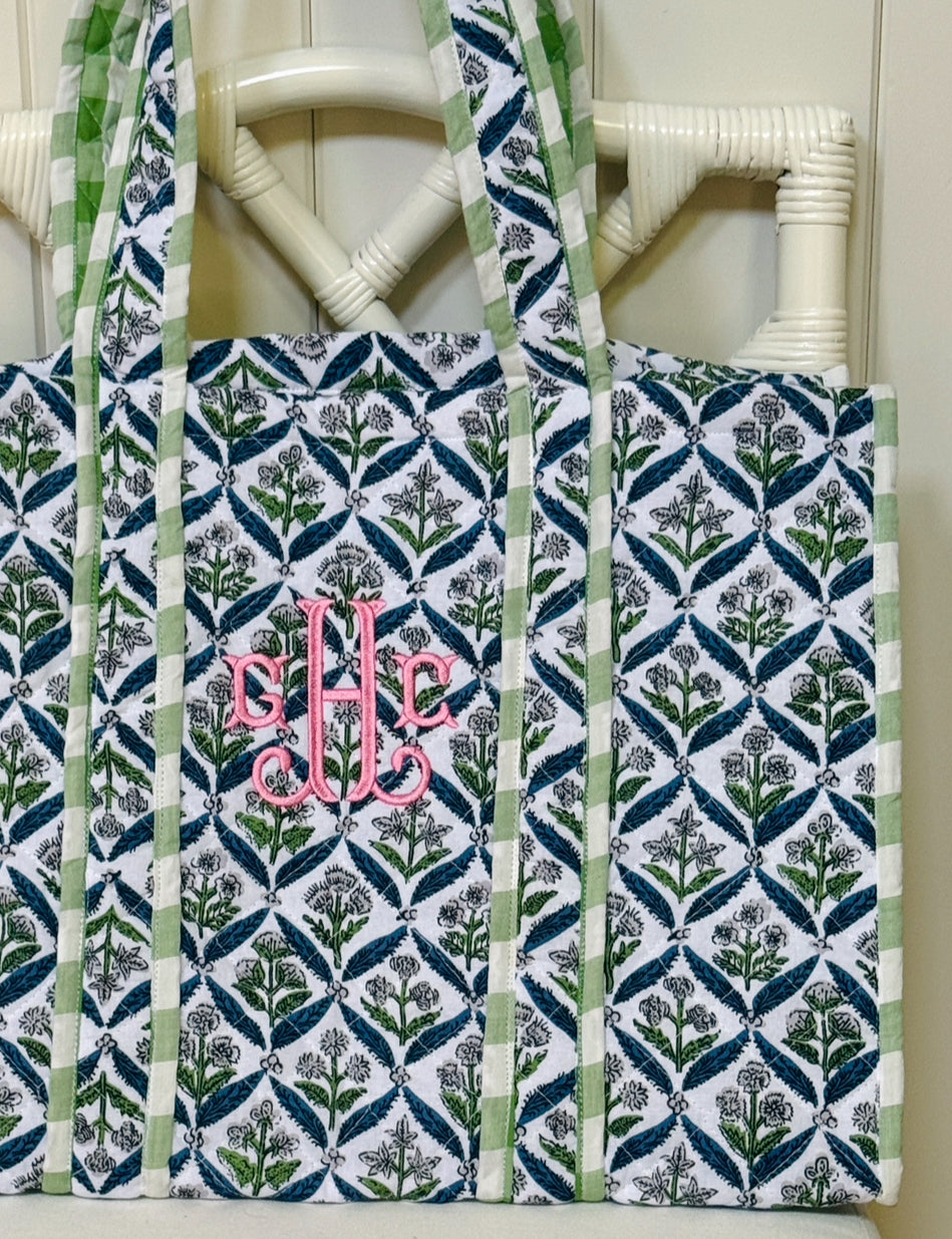 Blue and green quilted block print oversized tote bag monogram available