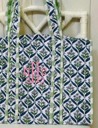 Blue and green quilted block print oversized tote bag monogram available