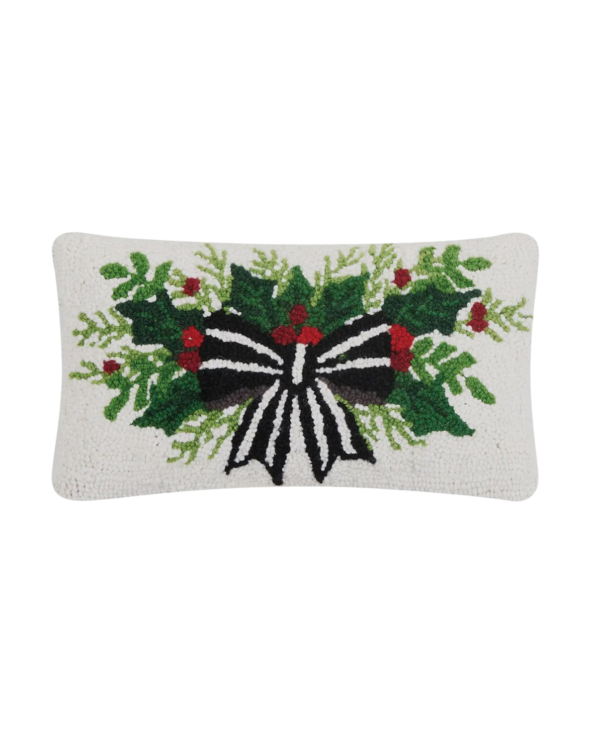 Holiday bow and holly hand hooked wool lumbar pillow