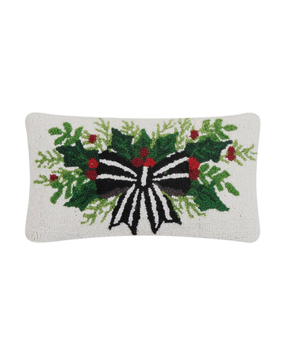 Holiday bow and holly hand hooked wool lumbar pillow