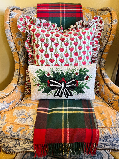 Striped bow and red berries hand hooked lumbar pillow