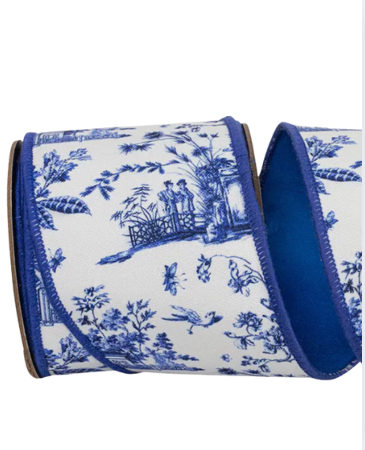 Blue and white chinoiserie ribbon by the roll, 4” wide by 5 yards