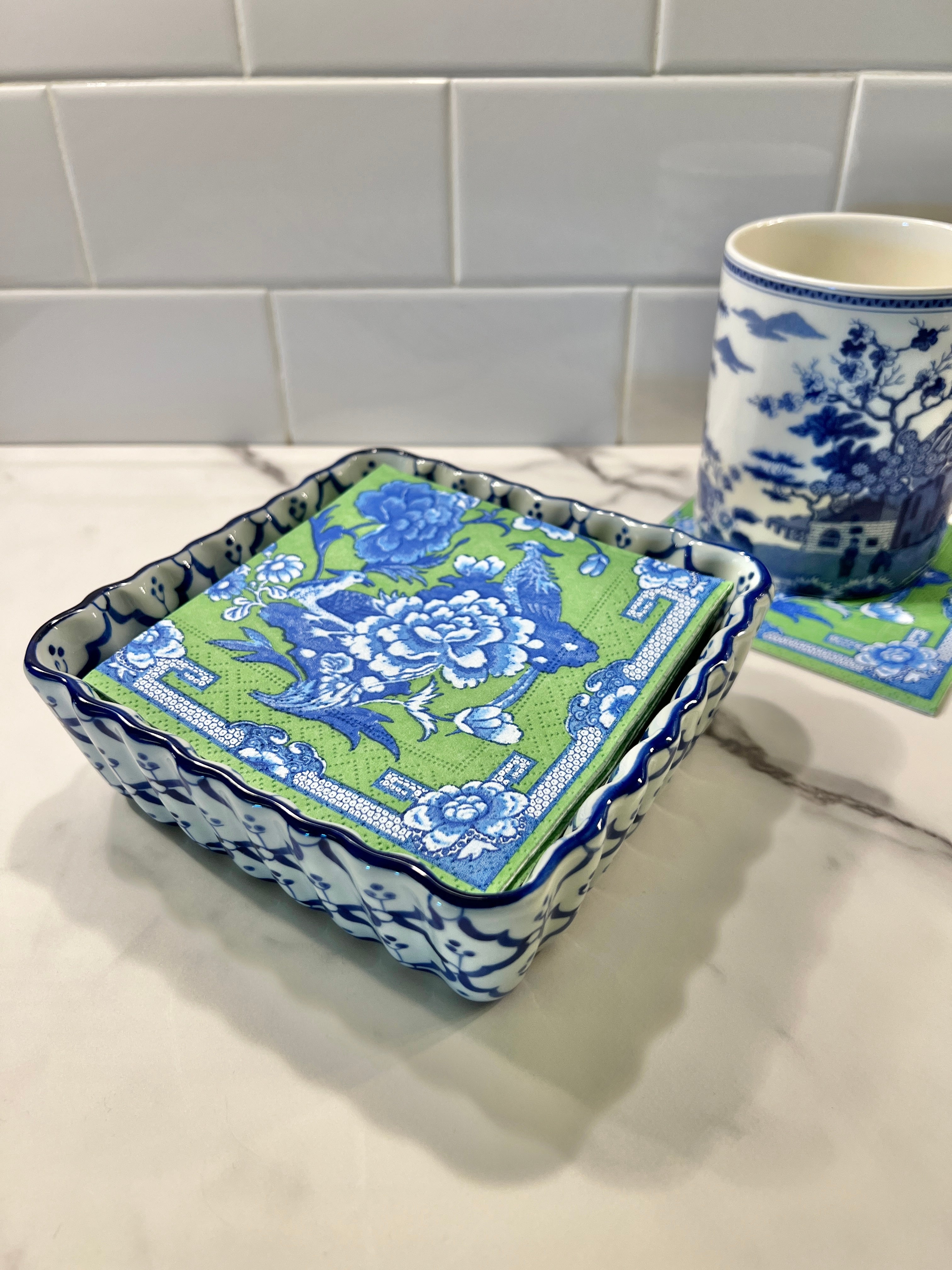 Blue and white cocktail napkin caddy, catch all tray