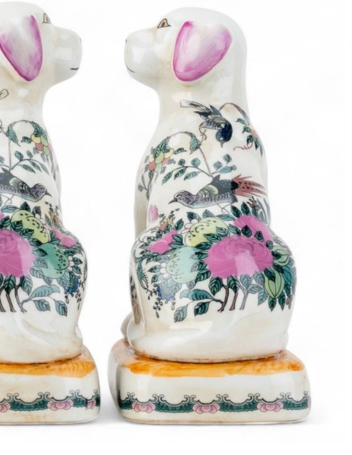 Pink floral Rose Medallion porcelain Staffordshire dog pair 7.5”