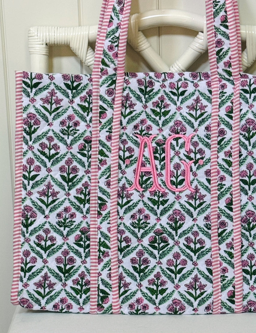 Pink and green quilted block print oversized tote bag monogram available