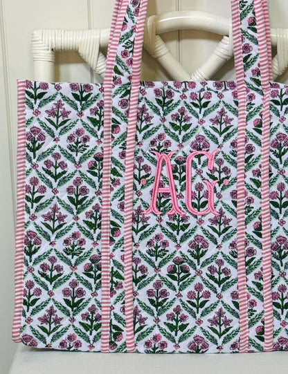 Pink and green quilted block print oversized tote bag monogram available