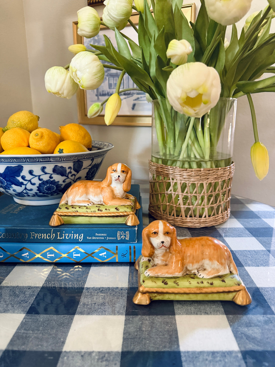 Spaniels on cushions porcelain Staffordshire dog pair