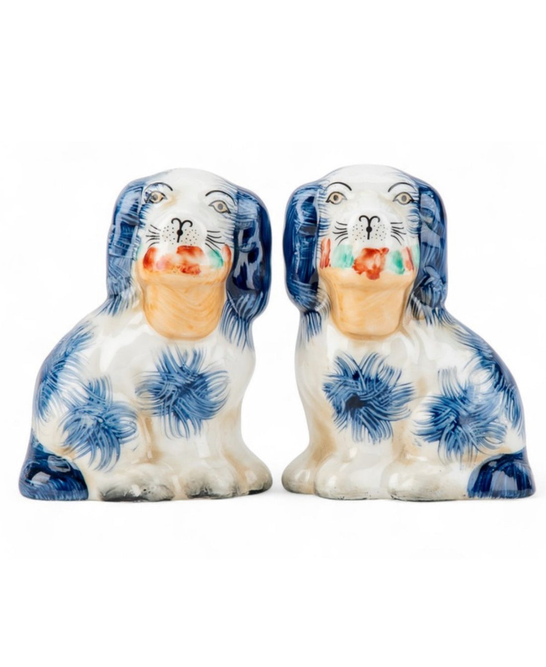 Mini blue porcelain Staffordshire dogs with flower baskets figurine pair
