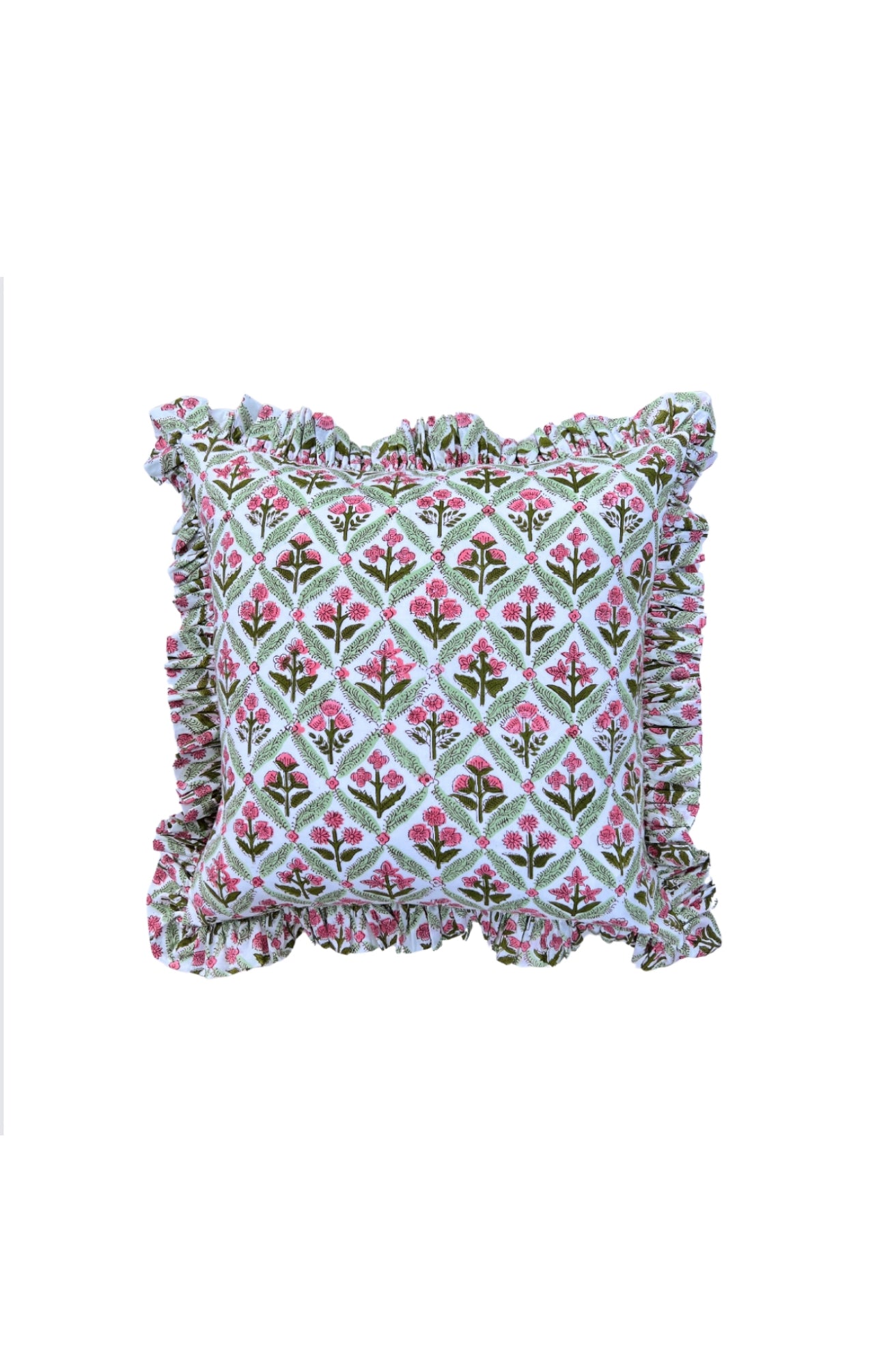 Pink and green floral trellis block print ruffle pillow cover