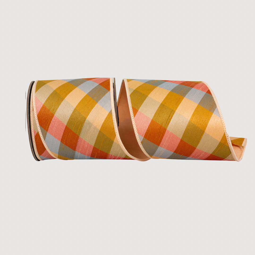 Luxury wired dupioni ribbon, Augusta warm Fall diagonal plaid