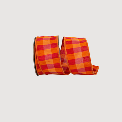 Fuchsia and orange check dupioni wired ribbon by the roll