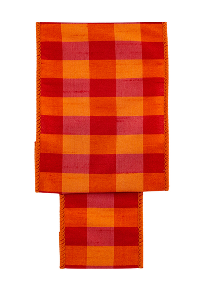 Fuchsia and orange check dupioni wired ribbon by the roll