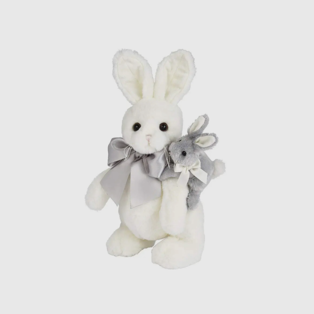 Plush white bunny with baby bunny and gray satin bow