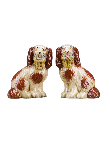 Staffordshire dog pair with flower baskets- rust