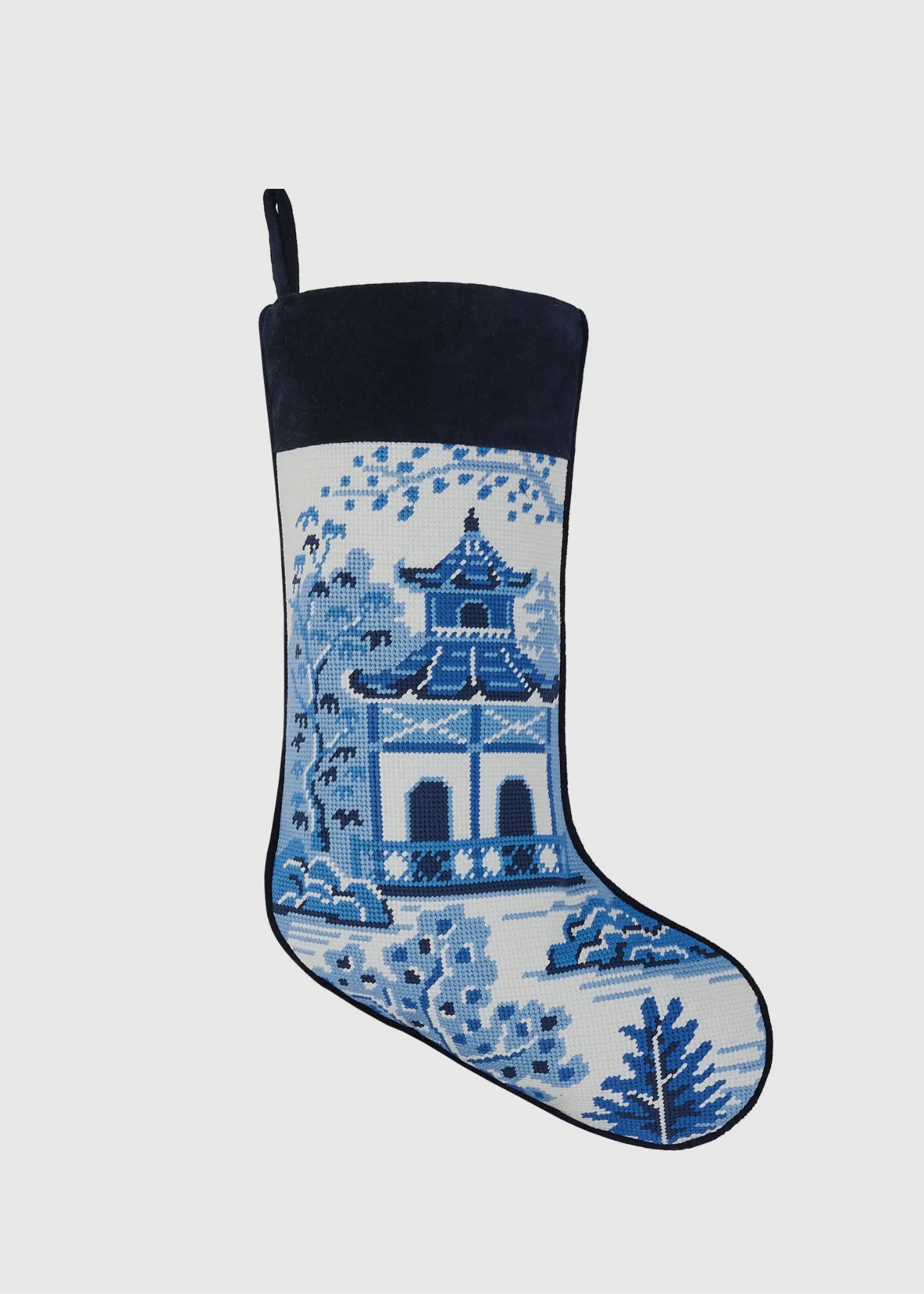 Chinoiserie pagoda blue and white needlepoint stocking