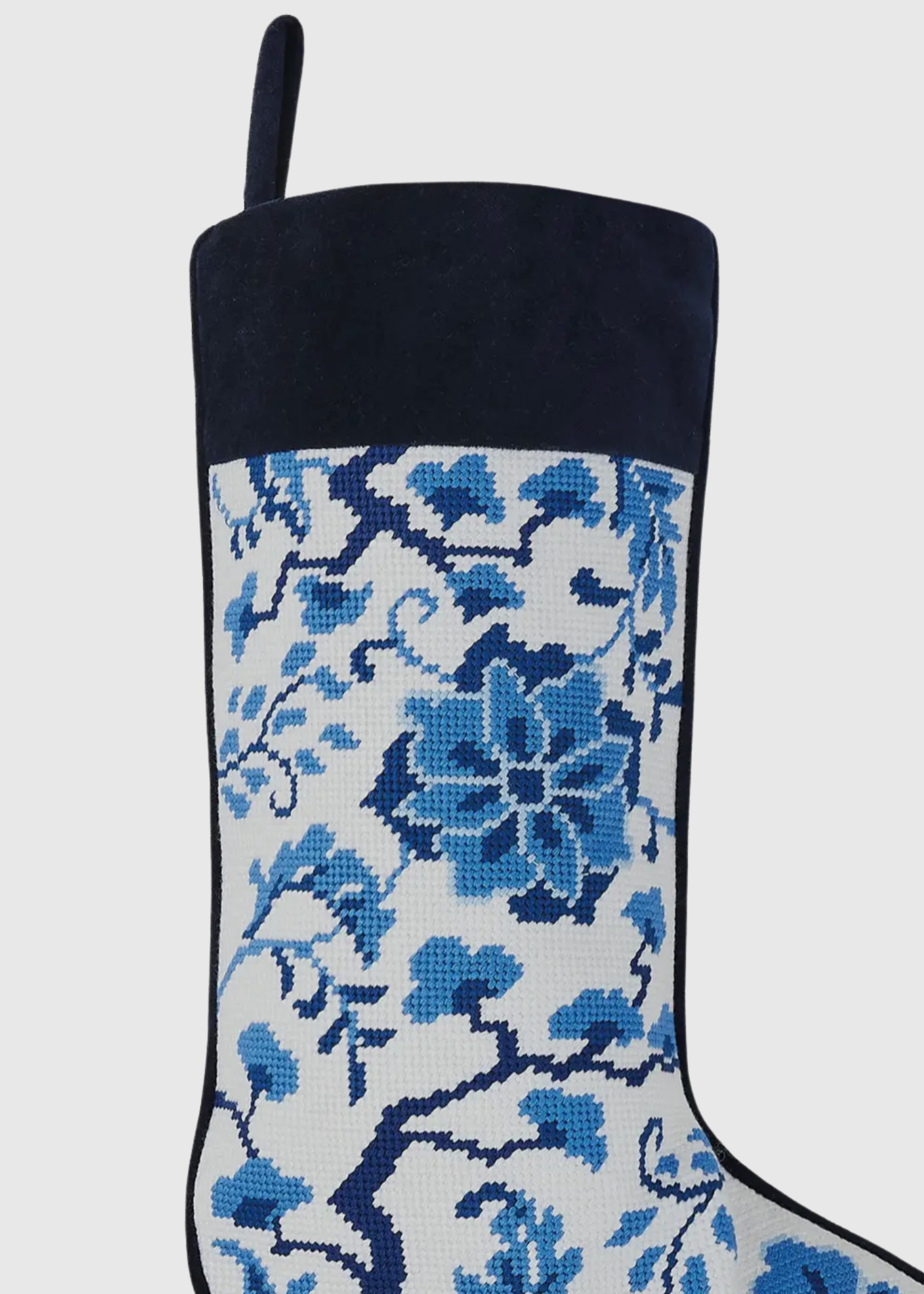 Chinoiserie flowers blue and white needlepoint stocking