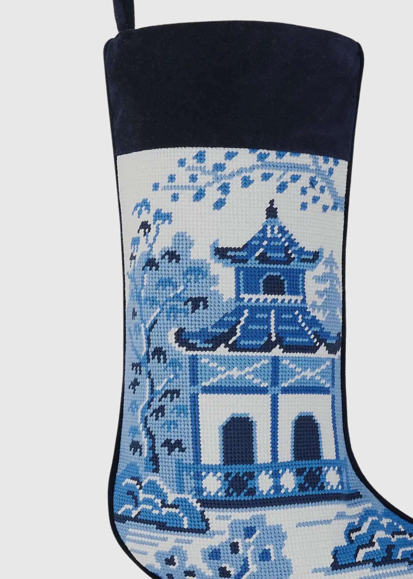 Chinoiserie pagoda blue and white needlepoint stocking