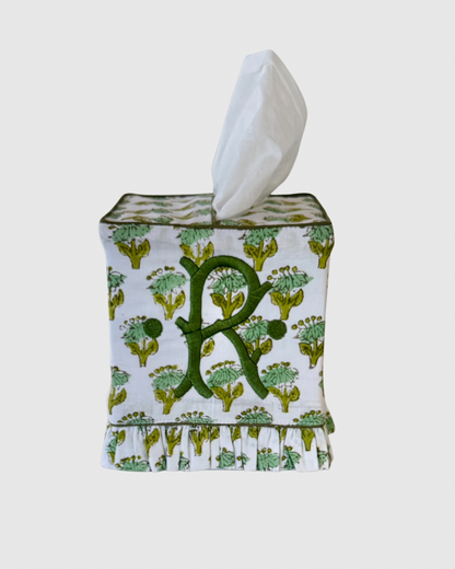 Moss green floral block printed ruffle tissue cover, custom monogram available