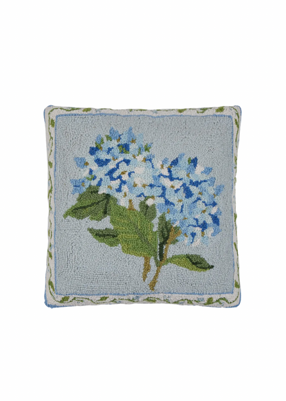 Blue hydrangea hooked wool pillow