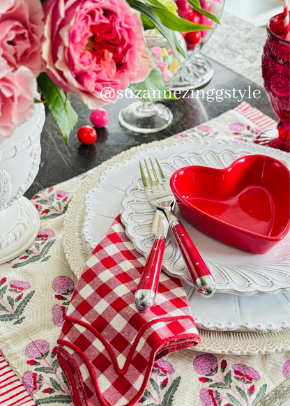Pink and red block print placemats set of 4 with ruffle edge