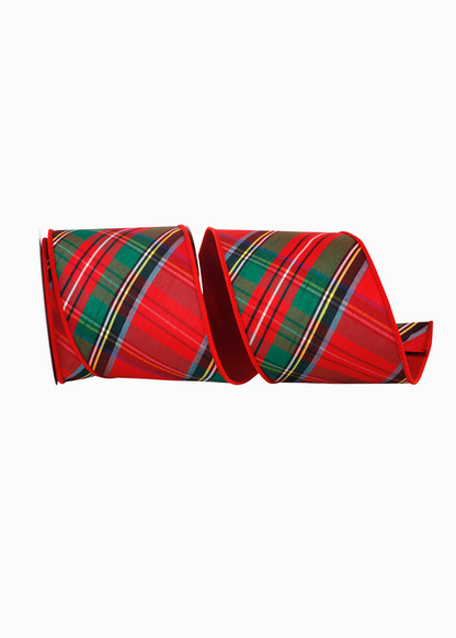 Christmas red tartan plaid ribbon backed in luxe red dupioni