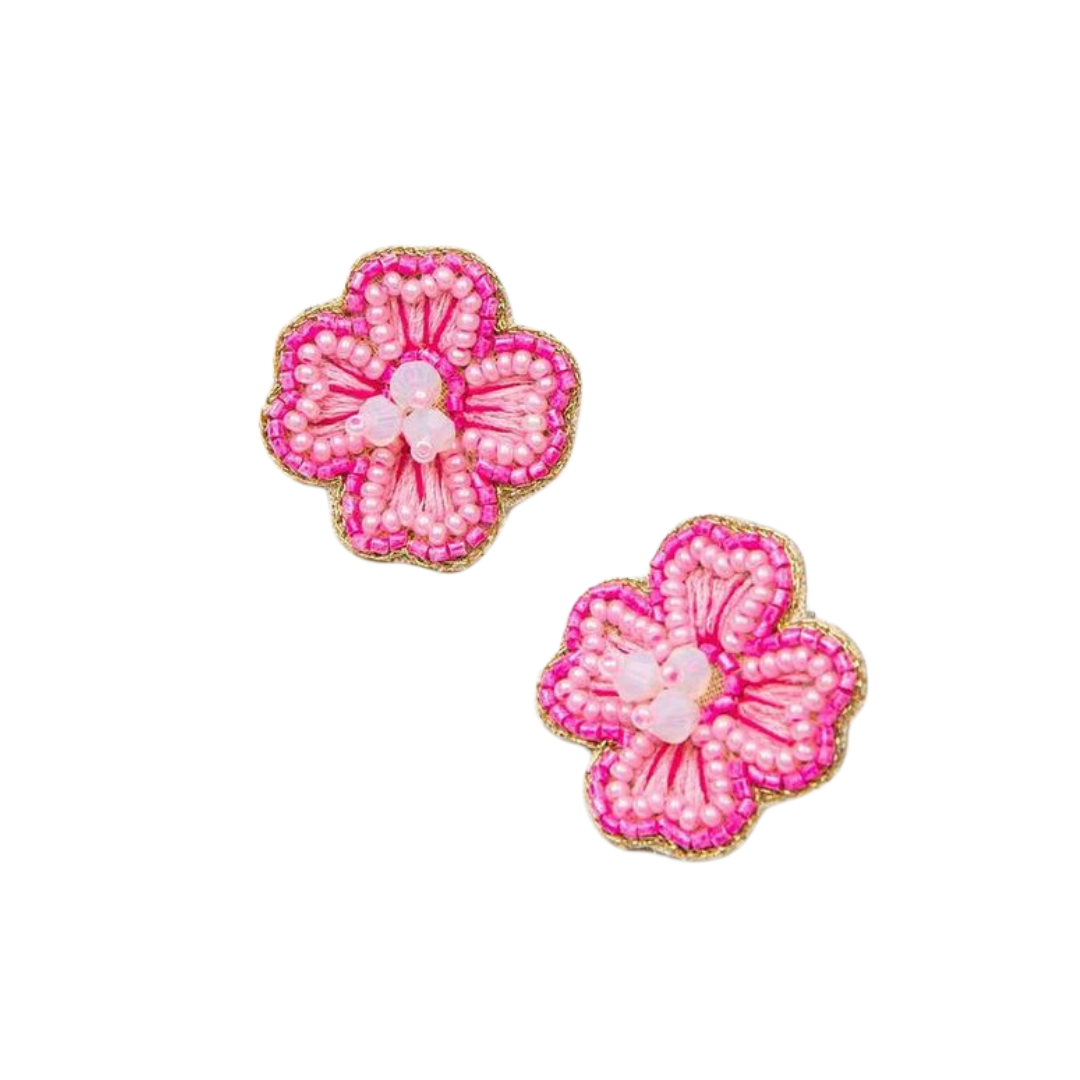 Pink beaded flower earrings