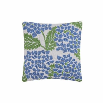 Hooked wool blue hydrangea pillow