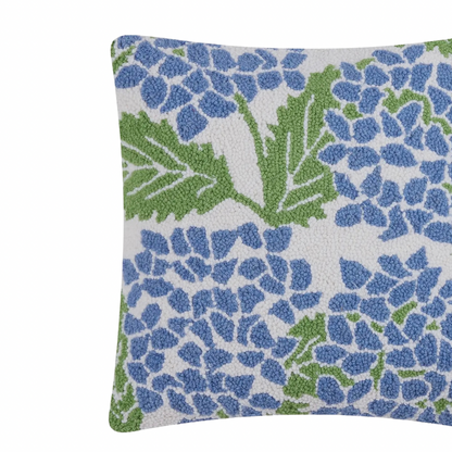 Hooked wool blue hydrangea pillow