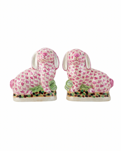 Pink fishnet Staffordshire bunny pair 8.5”