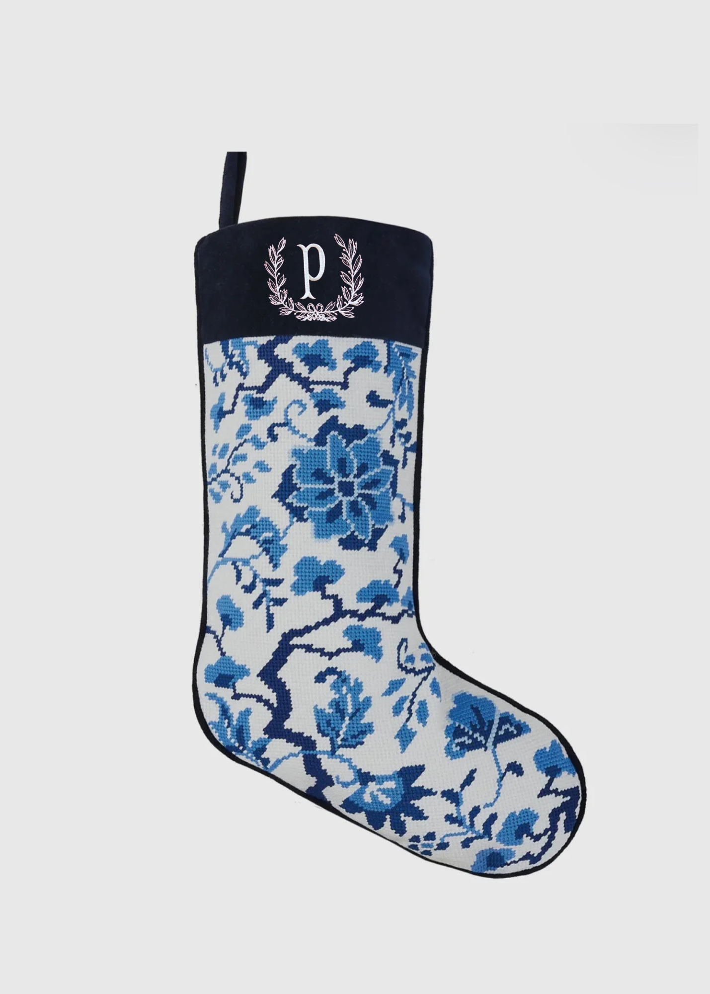 Chinoiserie flowers blue and white needlepoint stocking