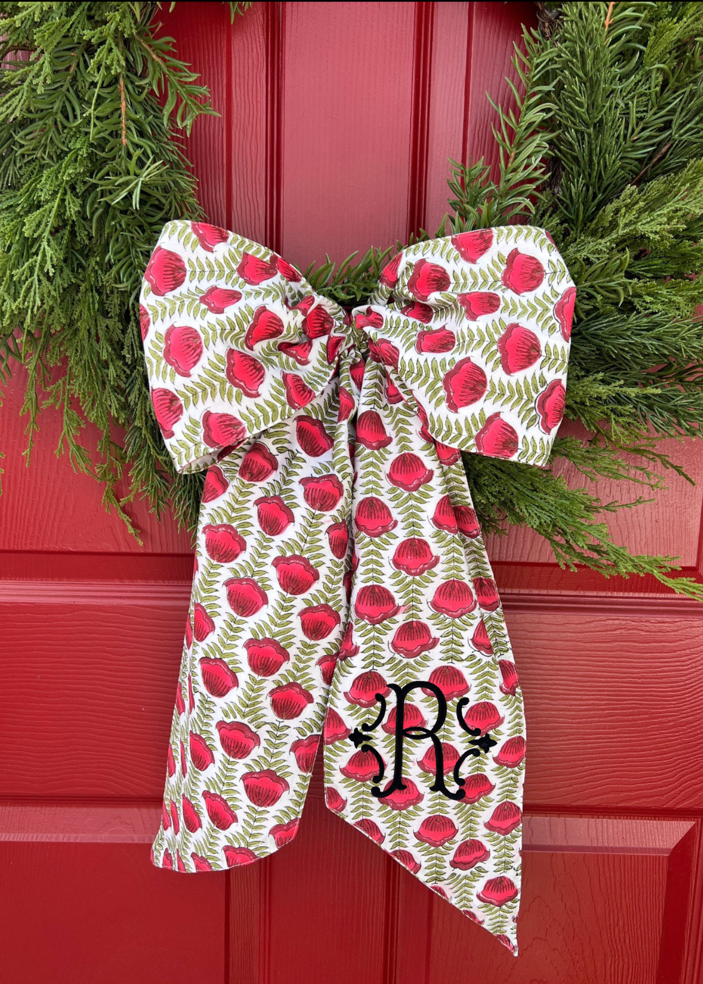 Red and green block print wreath sash, monogram available