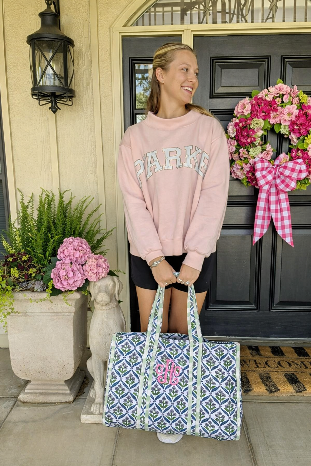 Blue and green quilted block print oversized tote bag monogram available
