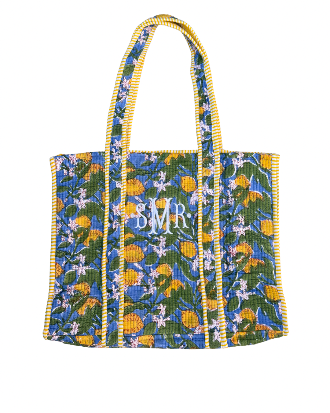 Lemon blossom blue and yellow quilted block print tote bag monogram available