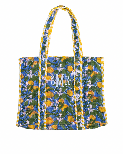 Lemon blossom blue and yellow quilted block print tote bag monogram available