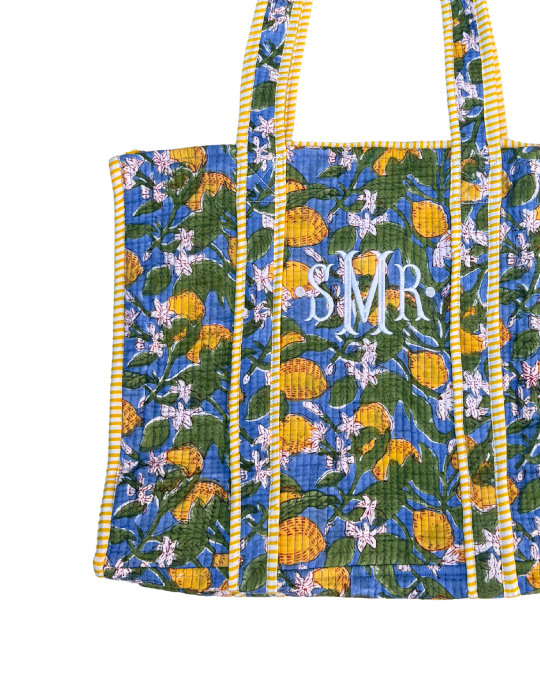 Lemon blossom blue and yellow quilted block print tote bag monogram available